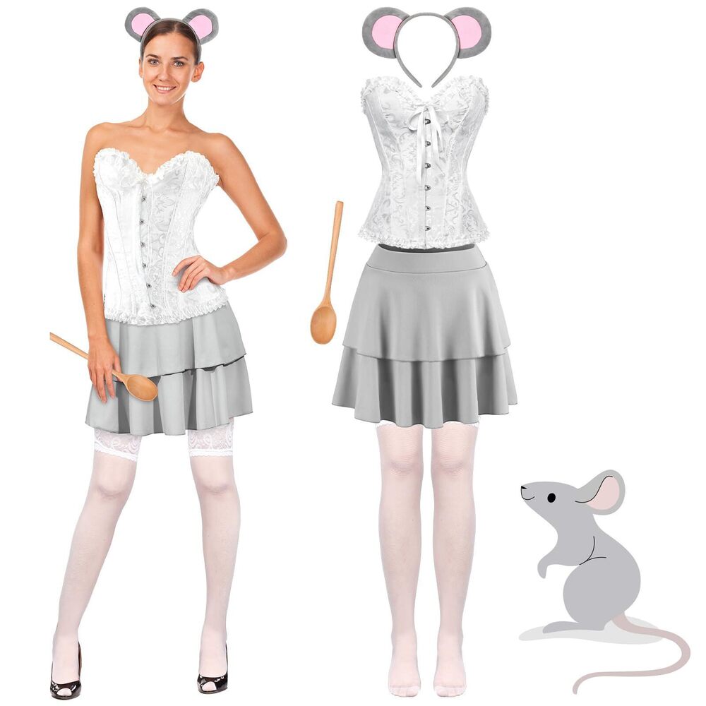 5212 Halloween Mouse Chef Costume Set Headband Ears Lace up Corset Top